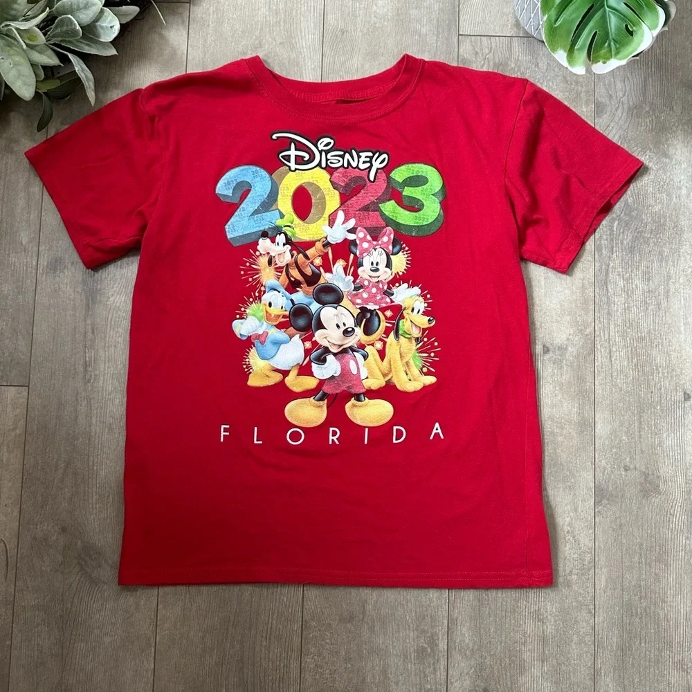 Disney 2023 Kids Red Graphic T-Shirt Florida Casual Graphic Mickey Minnie Donald
